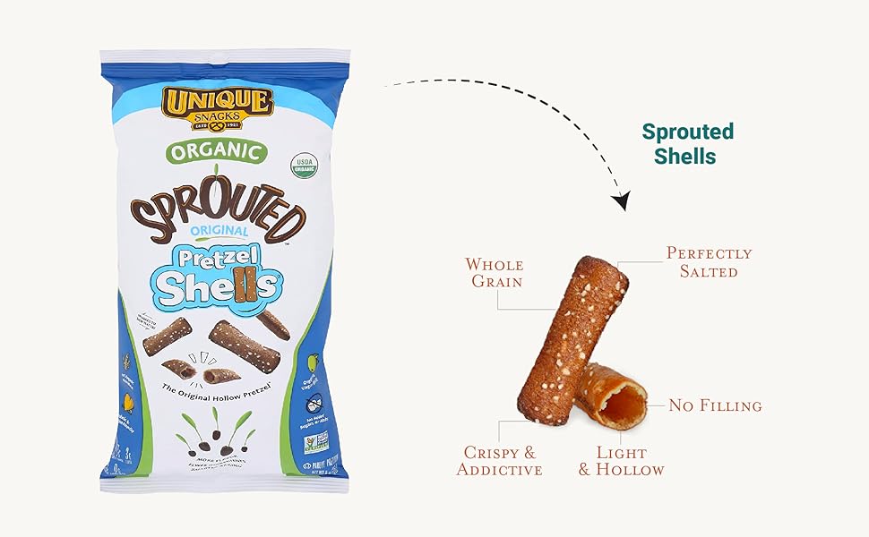 Unique Snacks Organic Sprouted Pretzel Shells - Delicious Homestyle Baked Snack Bag, Vegan - Pack of 3