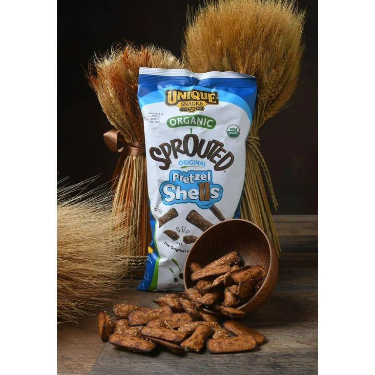 Unique Snacks Organic Sprouted Pretzel Shells - Delicious Homestyle Baked Snack Bag, Vegan - Pack of 3
