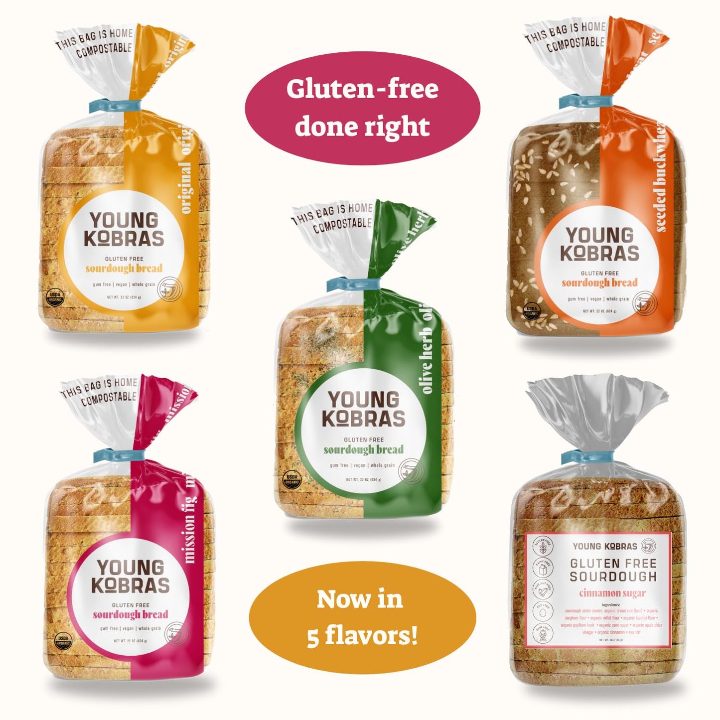 Young Kobras Organic, Gluten Free Sampler Pack Sourdough Bread - Allergen Friendly, Vegan - Pack of 4