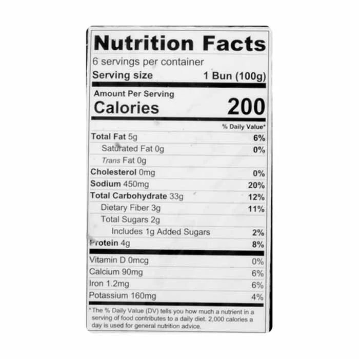 Nutrition facts label for Gluten Free Hot Dog Buns showing 200 calories per bun serving size 100g