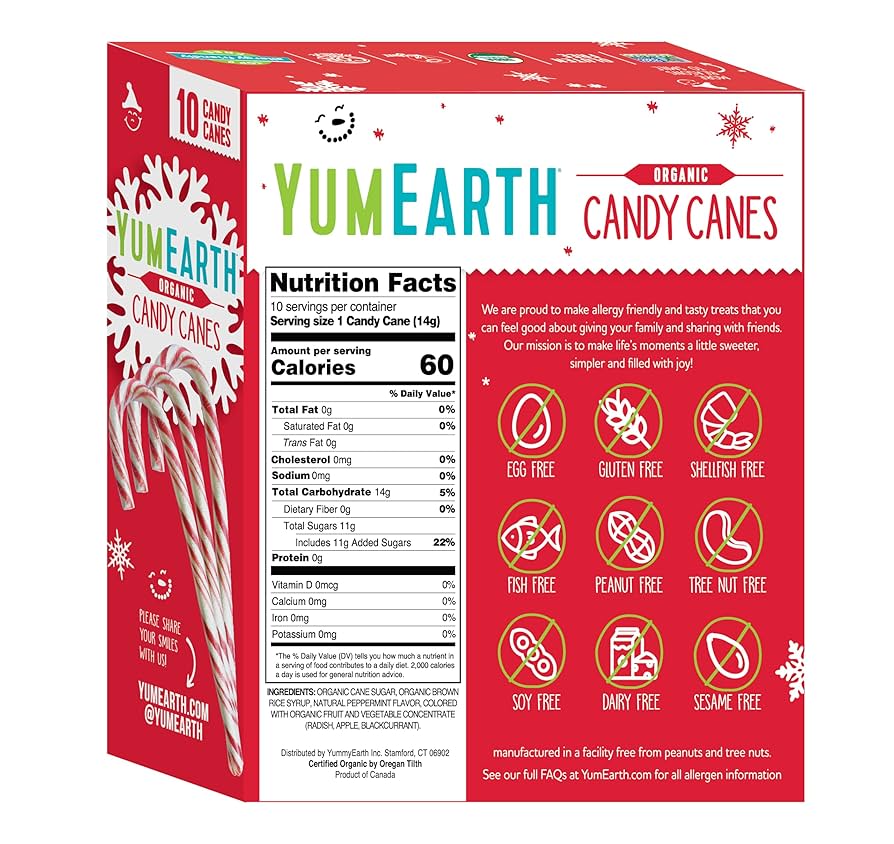 YumEarth Organic Candy Canes - Individually Wrapped Full Size Peppermint Candy Canes - Allergy Friendly, Non GMO, Gluten Free, Vegan - Pack of 2