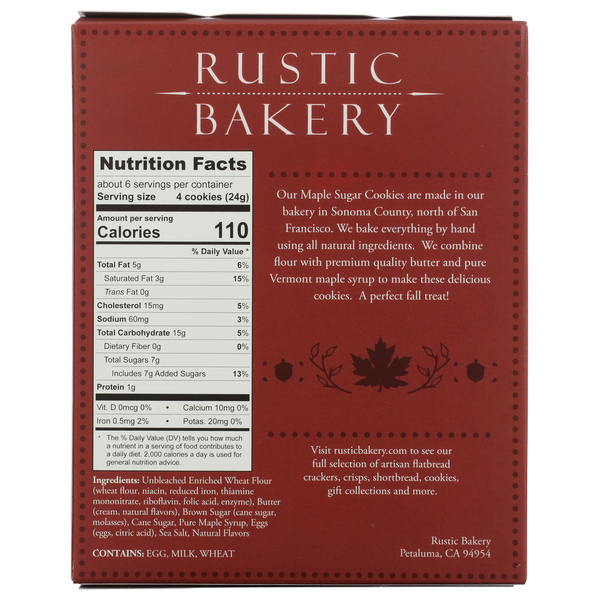 Rustic Bakery product packaging card showing a Nutrition Facts label on the left and descriptive text on the right, with a brown background and decorative leaf illustrations.
