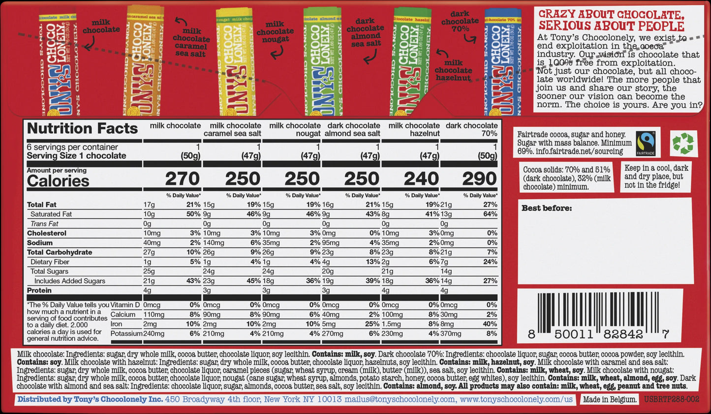 Tony's Chocolonely Chocolate Bar Variety Pack - Milk, Dark, Nougat, Caramel, Hazelnut, Almond & Sea Salt - includes 6