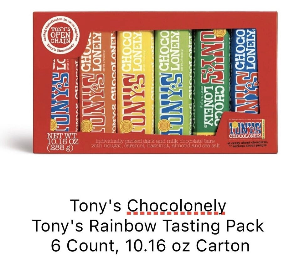 Tony's Chocolonely Chocolate Bar Variety Pack - Milk, Dark, Nougat, Caramel, Hazelnut, Almond & Sea Salt - includes 6