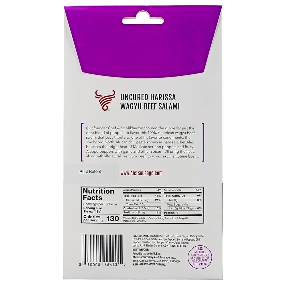 Alef Premium Uncured All Natural Grass Fed Harissa Wagyu Dry Sliced Salami Gourmet - Artisanal Charcuterie Meat Gluten Free, Paleo, Keto Friendly, MSG Free, Nitrite And Antibiotic Free - 3 oz