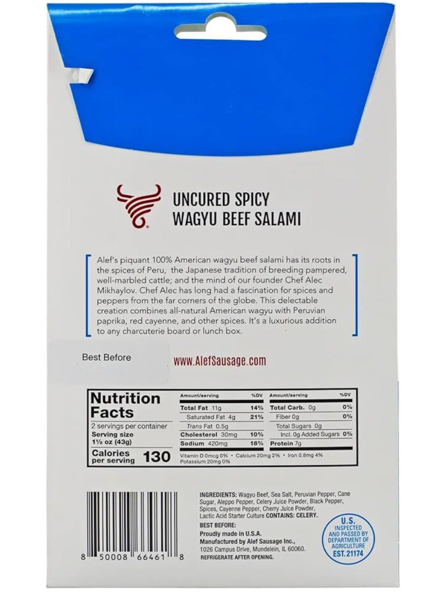 Alef Premium Uncured All Natural Grass Fed Spicy Wagyu Dry Sliced Salami Gourmet - Artisanal Charcuterie Meat Gluten Free, Paleo, Keto Friendly, MSG Free, Nitrite And Antibiotic Free - 3 oz
