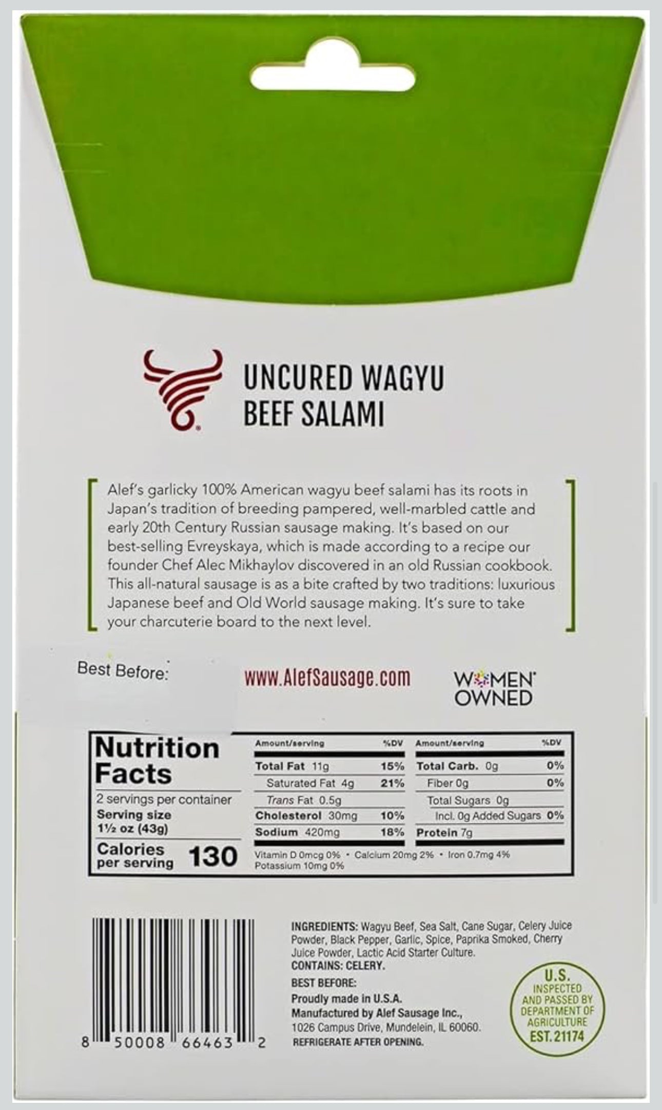 Alef Premium Uncured All Natural Fresh Grass Fed Wagyu Dry Sliced Salami Gourmet - Artisanal Charcuterie Meat Gluten Free, Paleo, Keto Friendly, MSG Free, Nitrite And Antibiotic Free - 3 oz