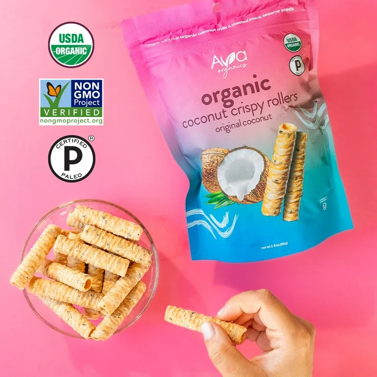 Original Coconut Crispy Rollers, Ava Organics - Lightly Sweetened Baked Coconut Crisps Pack of 8 - Gluten Free, Non-GMO, Kosher, Vegetarian