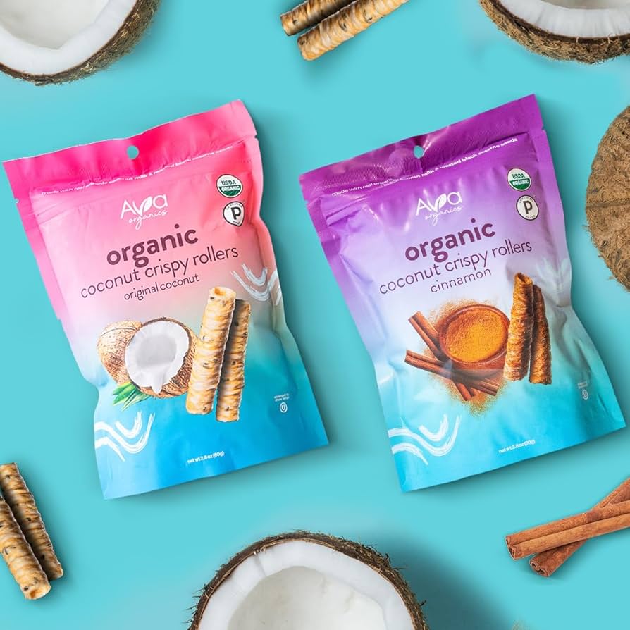 Cinnamon Coconut Crispy Rollers, Ava Organics - Lightly Sweetened Baked Coconut Crisps Pack of 8 - Gluten Free, Non-GMO, Kosher, Vegetarian