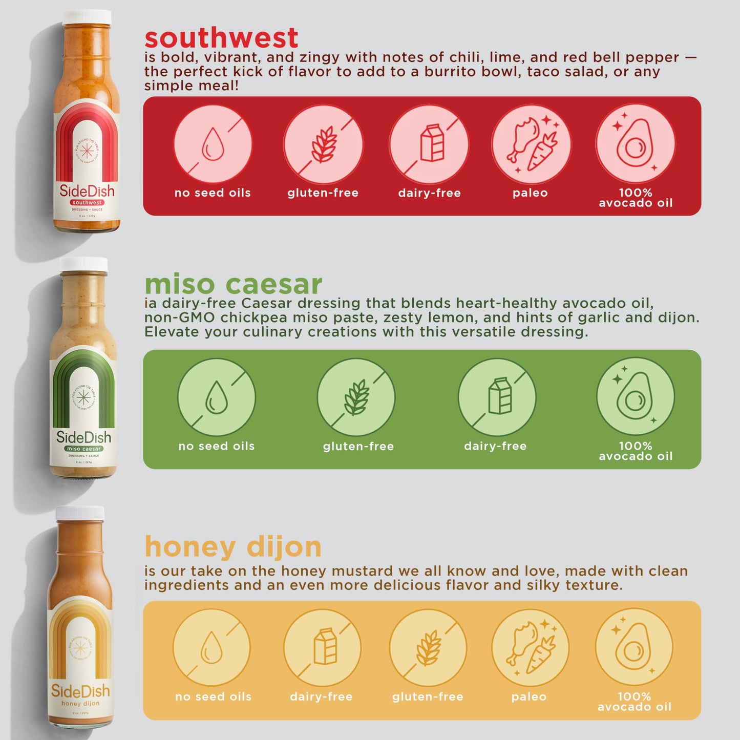 SideDish, Refined Sugar Free Salad Dressing - Southwest, Honey Dijon, Miso Caesar Salad Dressing - Pack of 3
