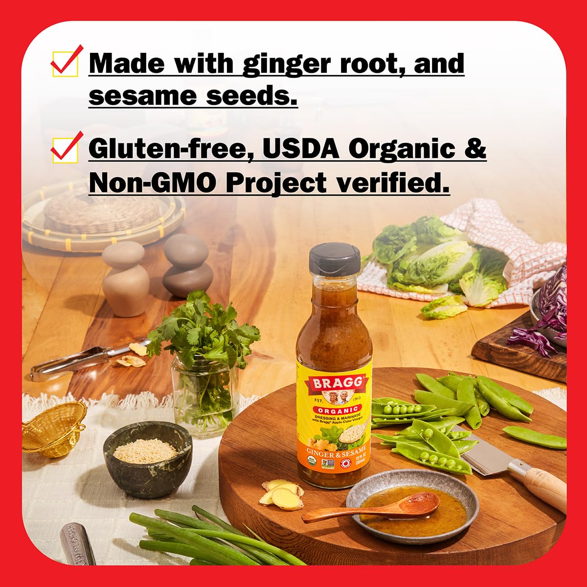 Bragg Organic Oil Free Vinaigrette, Organic Ginger and Sesame Salad Dressing / Marinade - Gluten-Free Dressing with Bragg Apple Cider Vinegar - Pack of 2