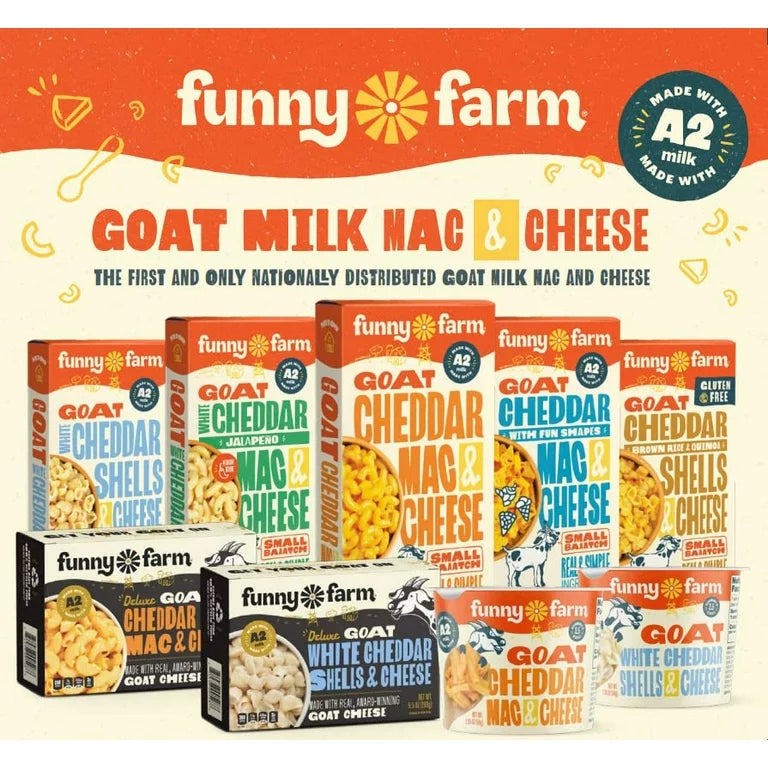 Funny Farm A2 Milk Macaroni and Cheese Pasta with White Cheddar Cheese Flavor - Goat Cheese Mac and Cheese Dinner Bundle - Pack of 8
