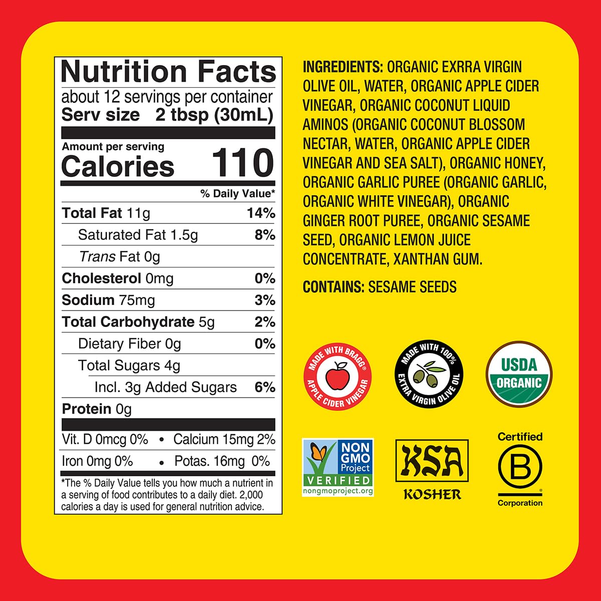 Bragg Organic Oil Free Vinaigrette, Organic Ginger and Sesame Salad Dressing / Marinade - Gluten-Free Dressing with Bragg Apple Cider Vinegar - Pack of 2