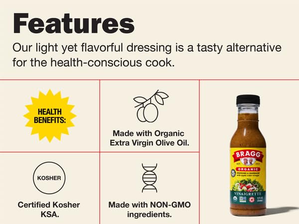 Bragg Organic Oil Free Vinaigrette, Organic Ginger and Sesame Salad Dressing / Marinade - Gluten-Free Dressing with Bragg Apple Cider Vinegar - Pack of 2