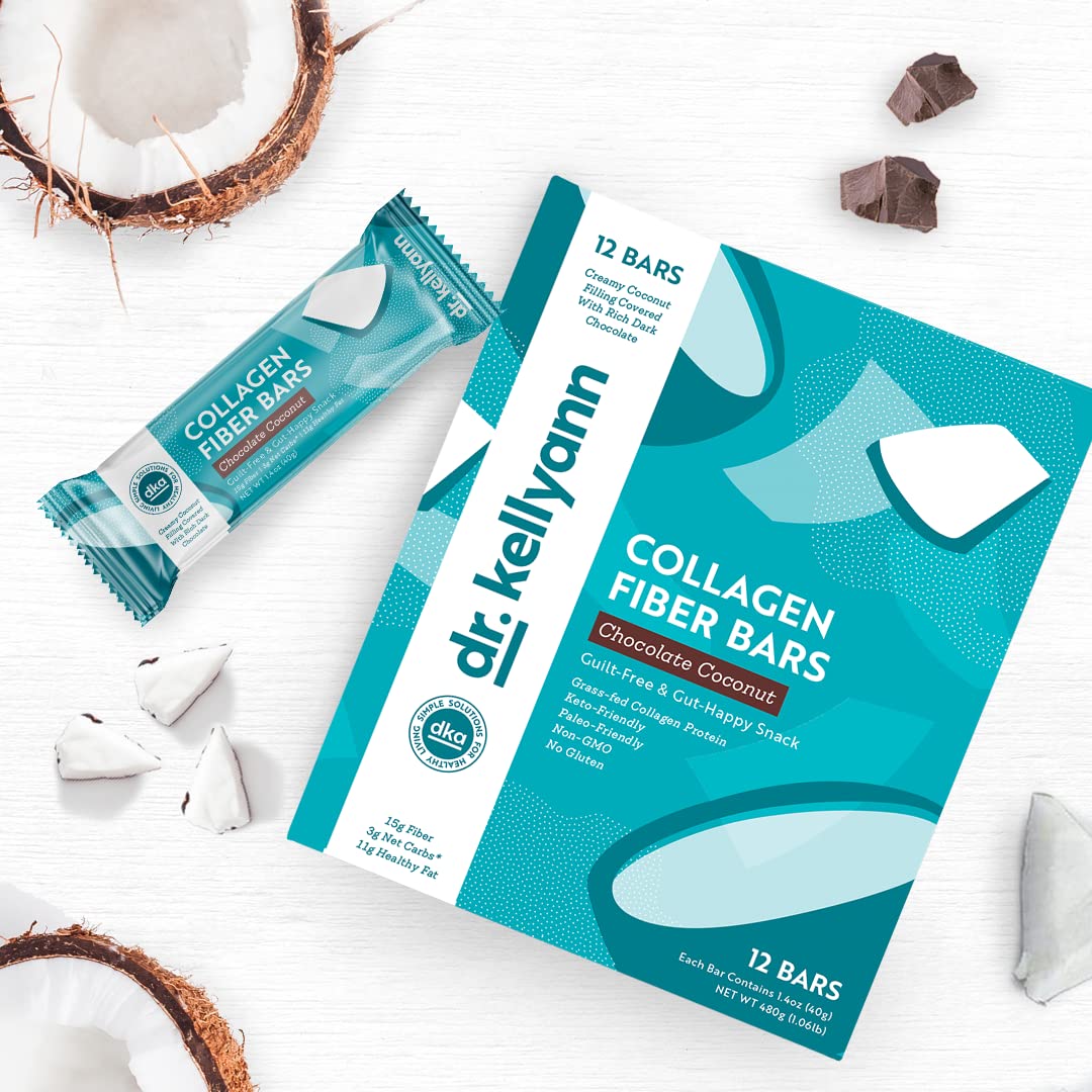 Dr. Kellyann Keto Collagen Fiber Bar - Coconut Dipped Chocolate - includes 12 bars - High Fiber, Low Carbs - Gluten Free