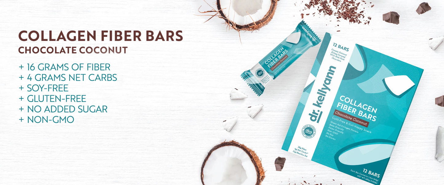Dr. Kellyann Keto Collagen Fiber Bar - Coconut Dipped Chocolate - includes 12 bars - High Fiber, Low Carbs - Gluten Free