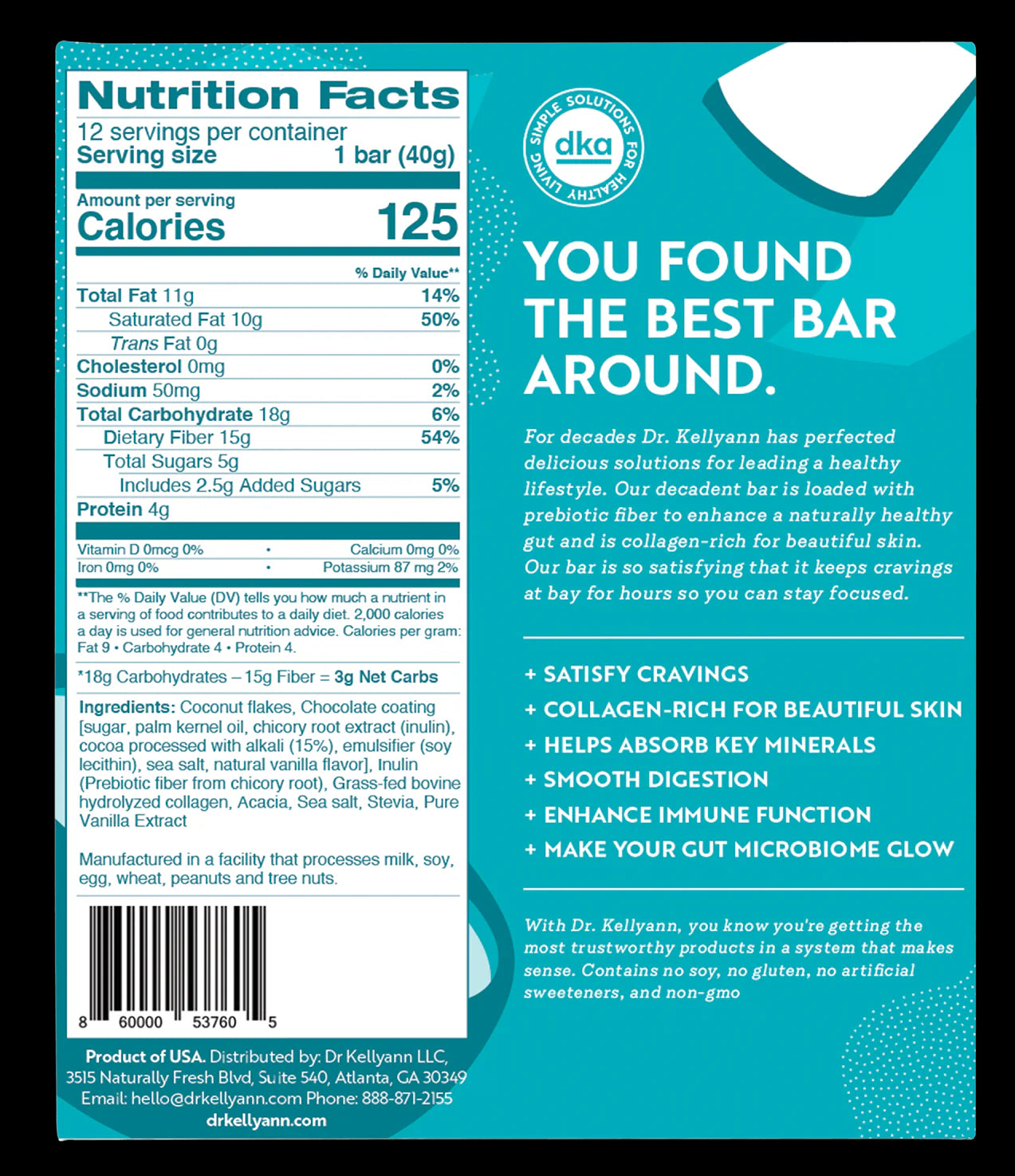 Dr. Kellyann Keto Collagen Fiber Bar - Coconut Dipped Chocolate - includes 12 bars - High Fiber, Low Carbs - Gluten Free
