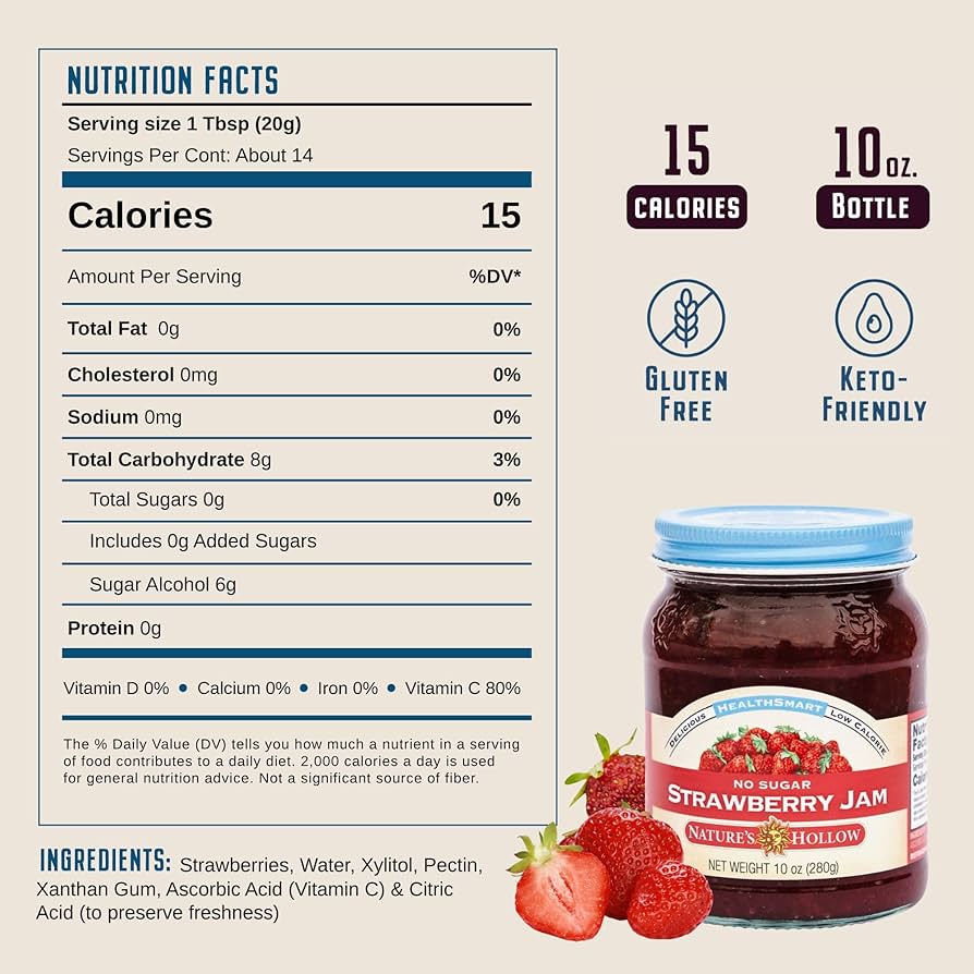 Nature's Hollow Strawberry Jam: Sugar Free Jam and Preserves, Low Cal, Non GMO, Keto Jam, Vegan, Gluten Free, and Diabetic Friendly - Sugar Free Jelly - Pack of 3