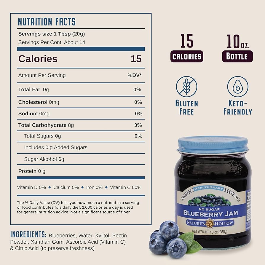 Nature's Hollow Blueberry Jam: Sugar Free Jam and Preserves, Low Cal, Non GMO, Keto Jam, Vegan, Gluten Free, and Diabetic Friendly - Sugar Free Jelly - Pack of 3