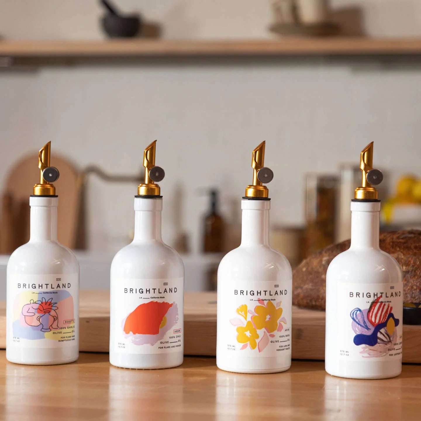 Brightland The Artist Capsule Cold-Pressed Olive Oil Set Infused with Garlic, Lemon, Basil, and Chili Peppers, 12.7 oz - Pack of 4