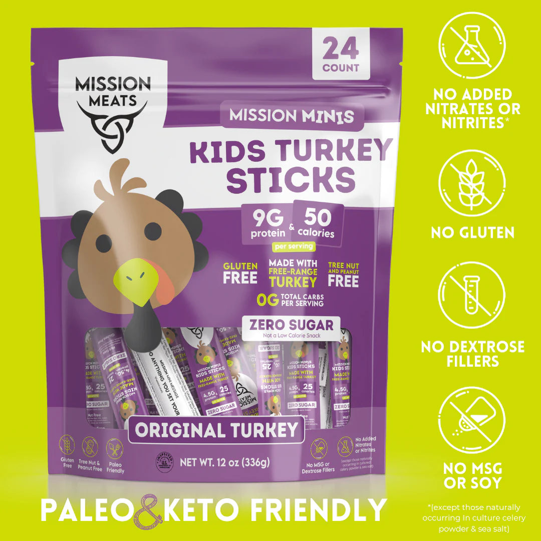 Mission Meats Kids Turkey Sticks – 100% Free Range, Healthy Snacks for Kids and Toddlers, Gluten & Nut Free, 0.5oz, 24 Count