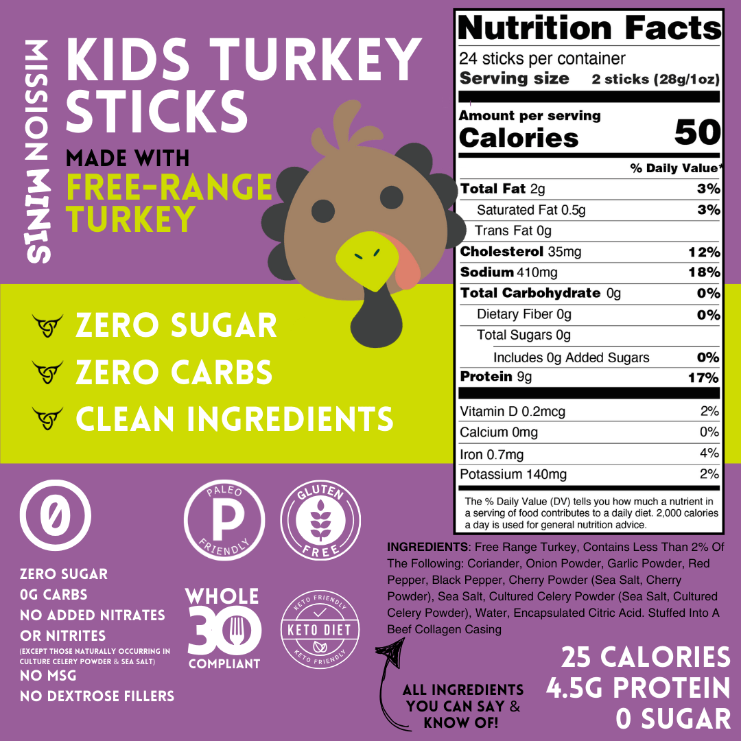 Mission Meats Kids Turkey Sticks – 100% Free Range, Healthy Snacks for Kids and Toddlers, Gluten & Nut Free, 0.5oz, 24 Count