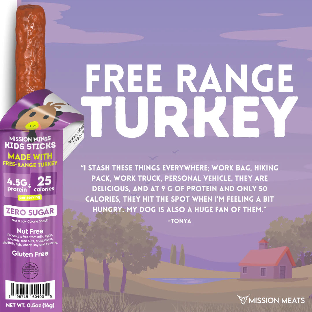 Mission Meats Kids Turkey Sticks – 100% Free Range, Healthy Snacks for Kids and Toddlers, Gluten & Nut Free, 0.5oz, 24 Count