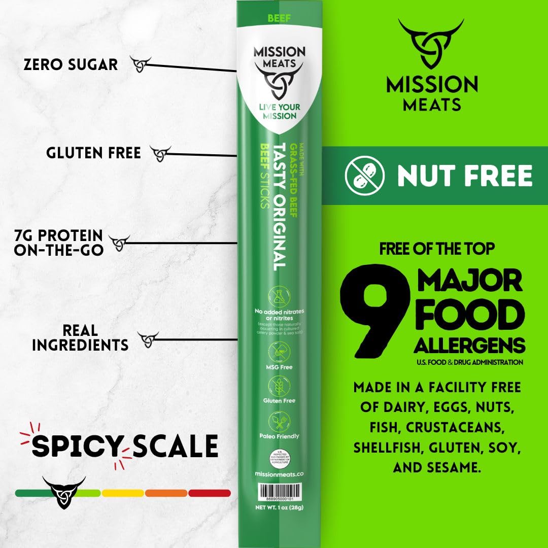 Mission Meats Beef Sticks – 100% Grass Fed and Pasture Raised, Sugar & Gluten Free, Original 1oz - Pack of 10