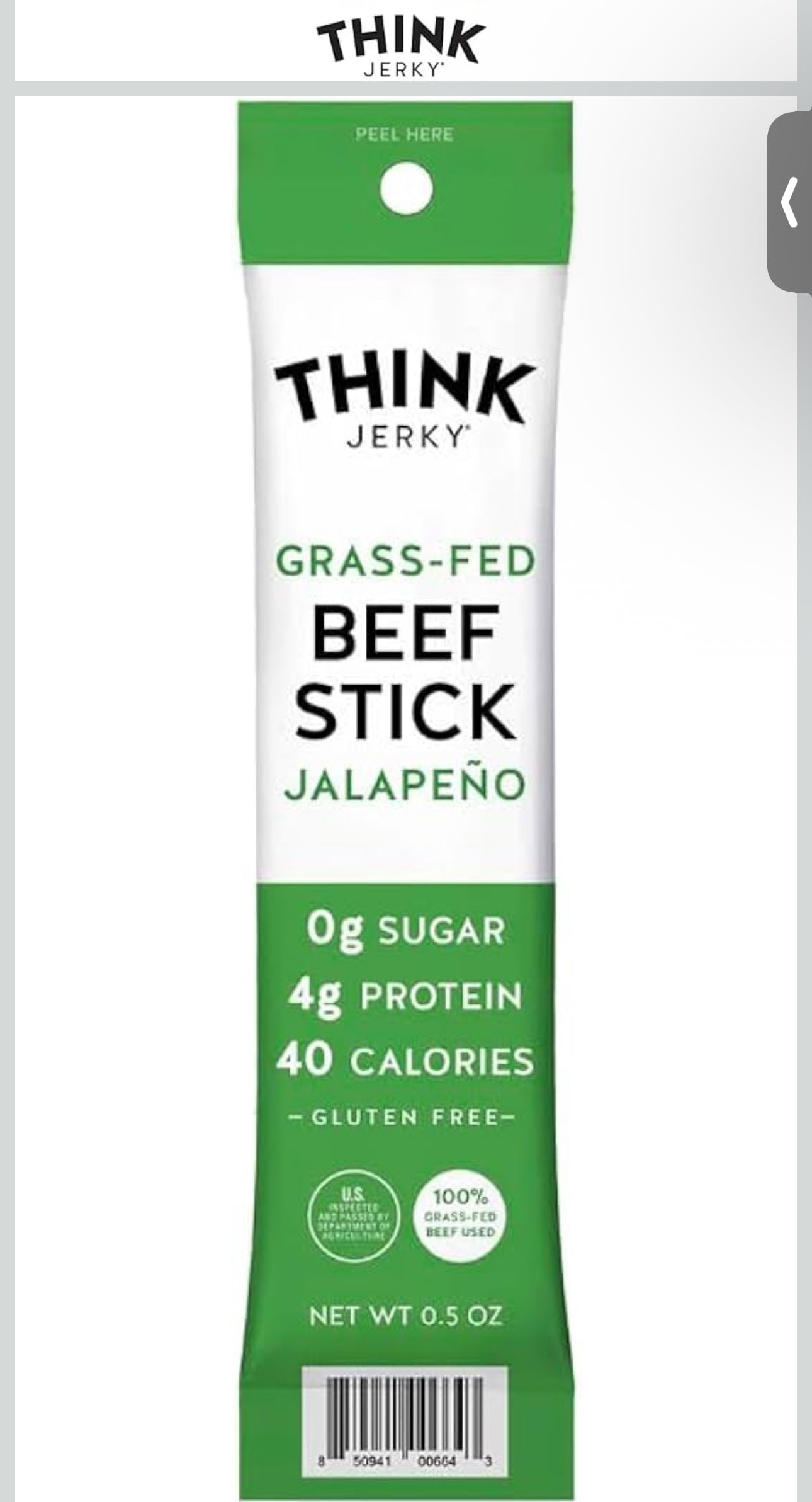 Think Jerky Jalapeno Beef Sticks, Gluten and Sugar Free, No Nitrates, Keto Paleo Friendly High Protein Low Carb Meat Snack - .5 oz Sticks, Pack of 20