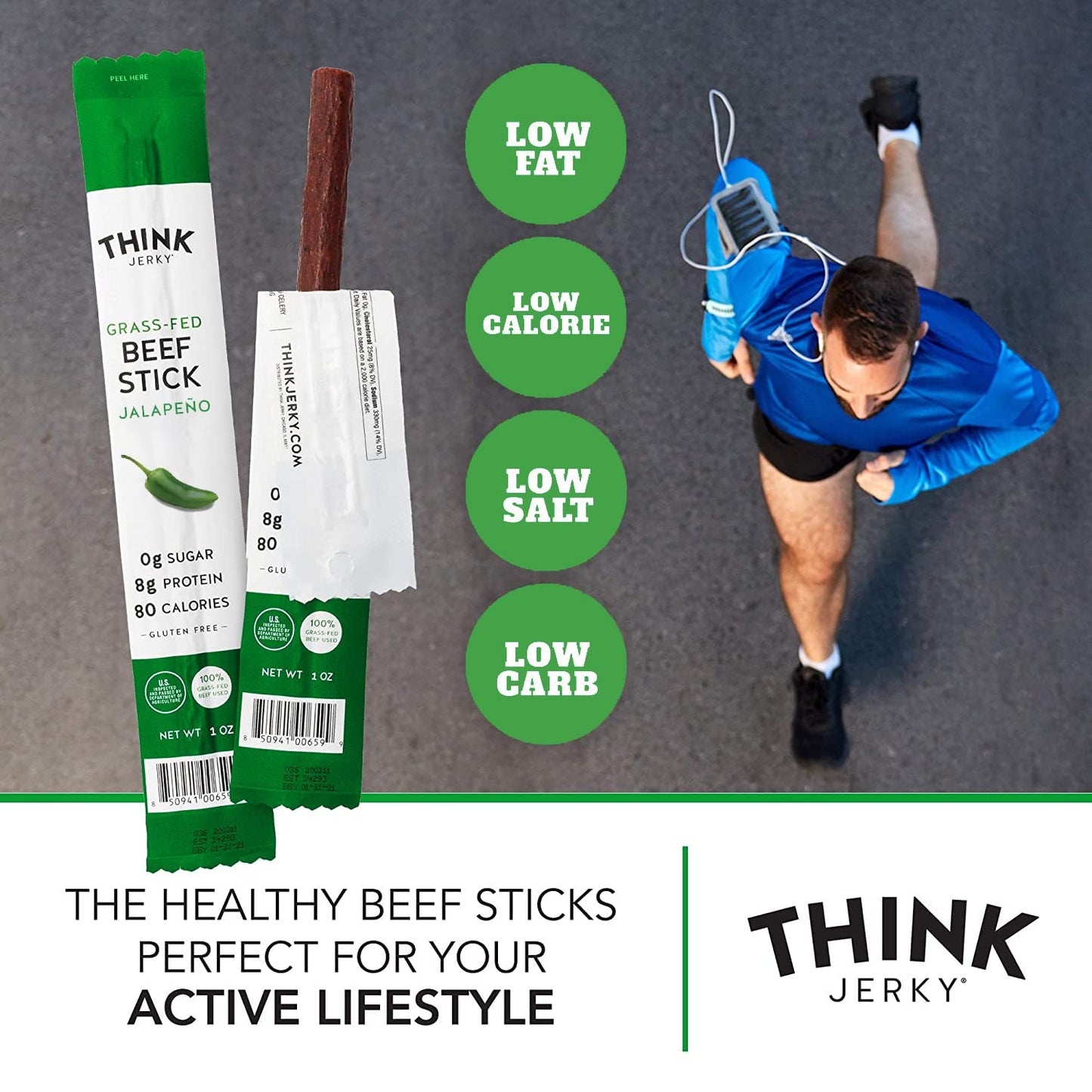 Think Jerky Jalapeno Beef Sticks, Gluten and Sugar Free, No Nitrates, Keto Paleo Friendly High Protein Low Carb Meat Snack - .5 oz Sticks, Pack of 20