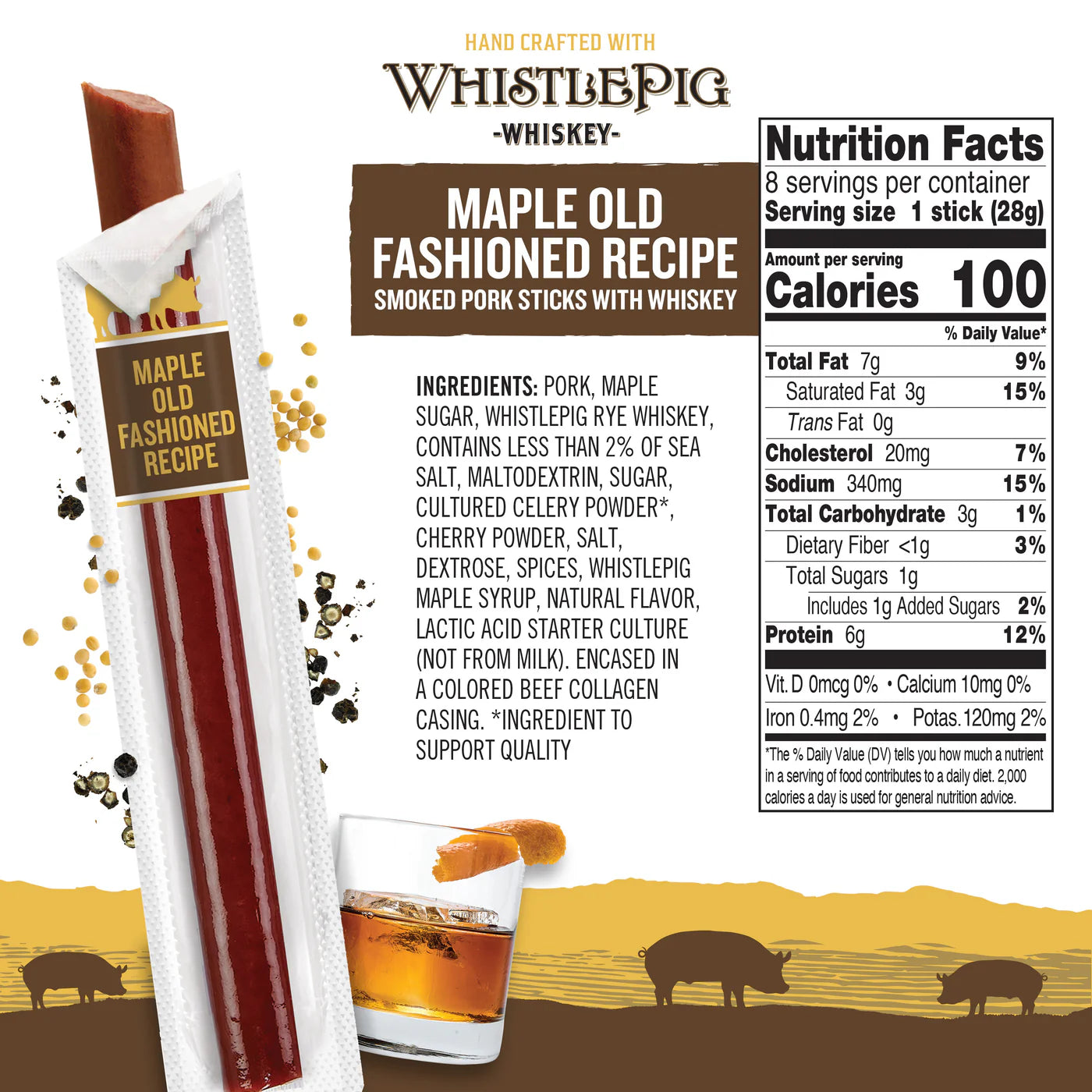 Maple Old Fashioned Recipe Smoked Pork Stick with Whiskey - Pack of 12