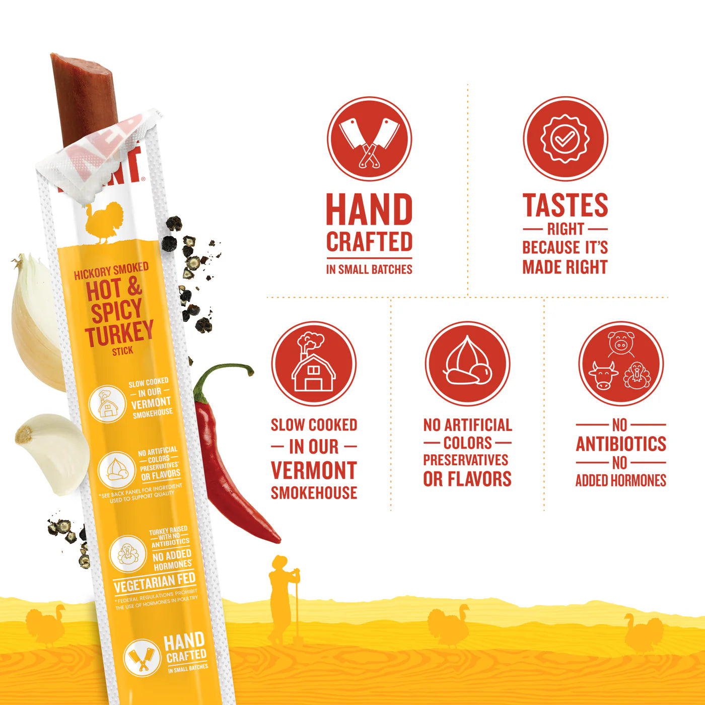 Vermont Smoke & Cure Hot & Spicy Turkey Sticks - Protein Snacks, No Antibiotics or Added Hormones, Hiking Snacks - 1 oz, Pack of 24