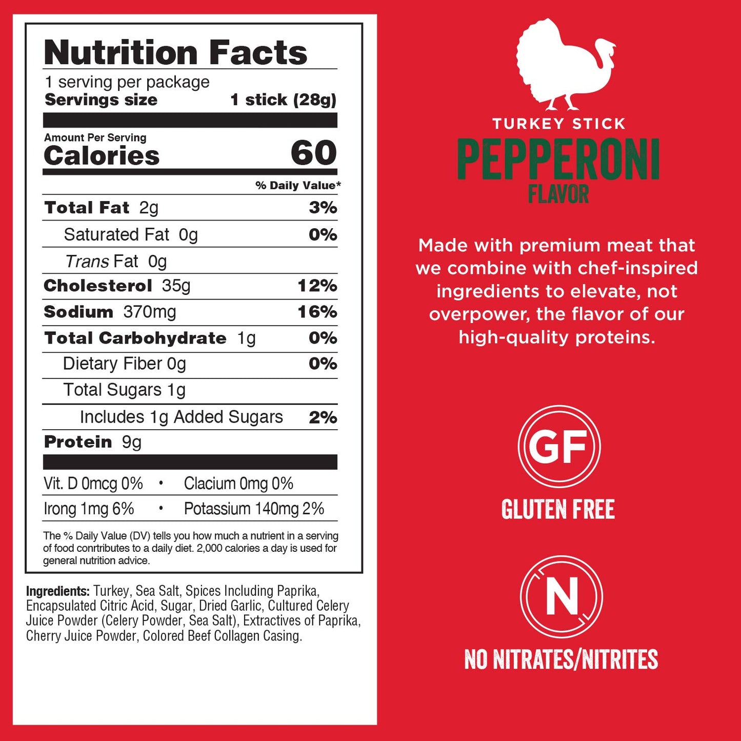 Chef's Cut Turkey Pepperoni Meat Snack Sticks, High Protein Meat Snack, Gluten Free - Pack of 24