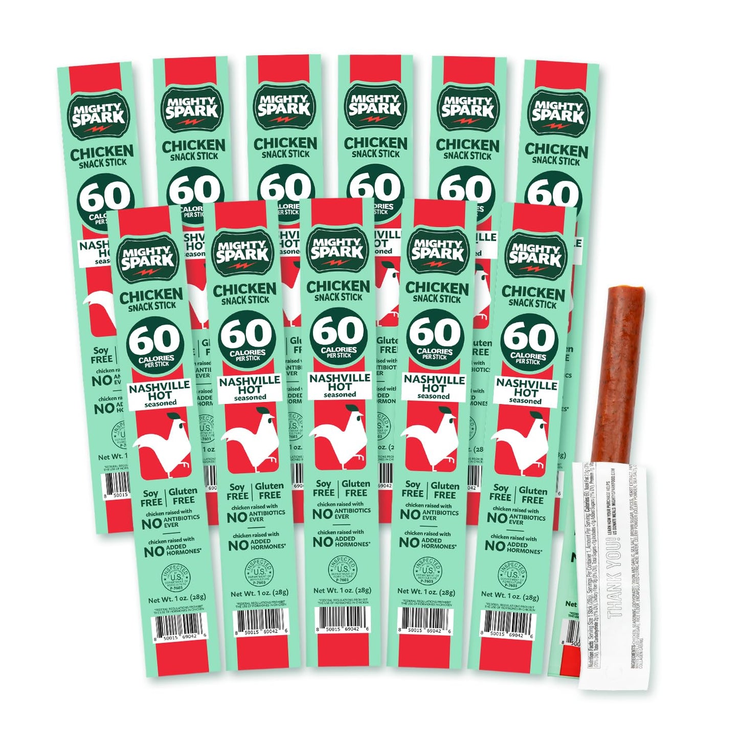 Mighty Spark Chicken Snack Sticks - Nashville Hot - 6g of Protein, No Antibiotics Ever, No Hormones Added, Gluten Free - Pack of 48