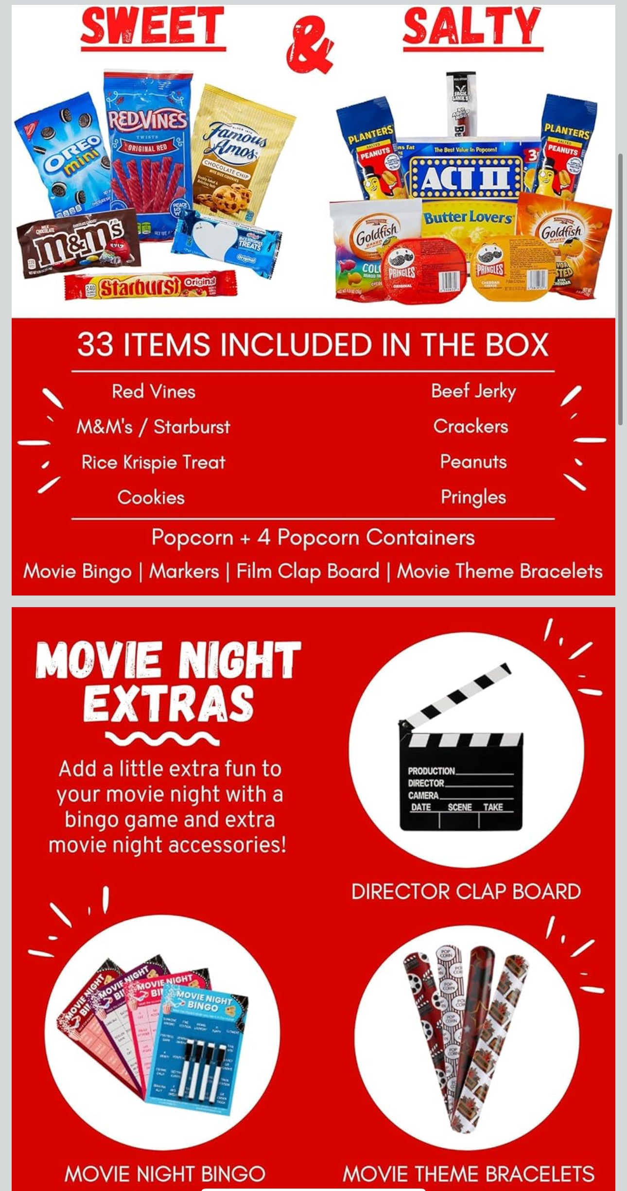 Movie Night Gift Basket – 33 Piece Gift Box with Popcorn, Candy, Snacks & Bingo