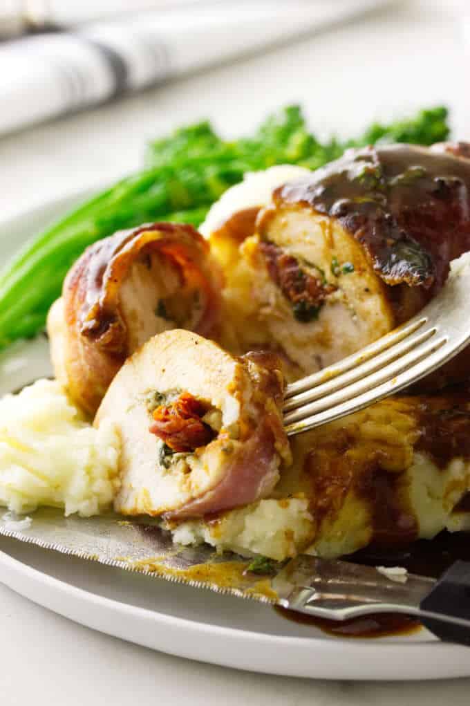 Bacon Wrapped Stuffed Chicken Breasts Combo - Mushroom Swiss & Holiday Stuffing - 14 oz - Pack of 8