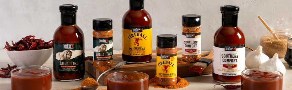 Weber Fireball Bourbon Whiskey Flavored Spice and Sauce Variety 3 Pack- Includes Seasoning, Hot Sauce, and BBQ Sauce Gift Basket