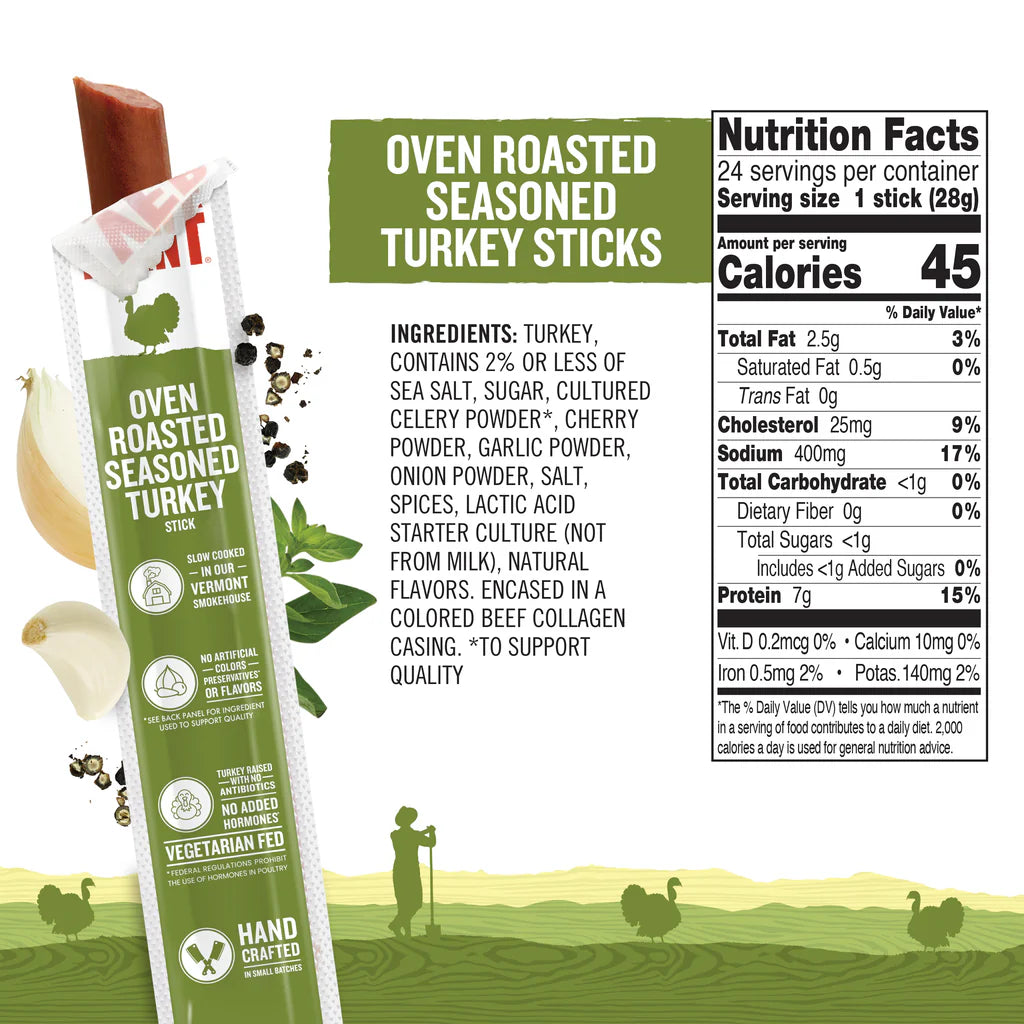Vermont Smoke & Cure Oven Roasted Turkey Sticks - Protein Snacks, No Antibiotics or Added Hormones, Hiking Snacks - 1 oz, Pack of 24