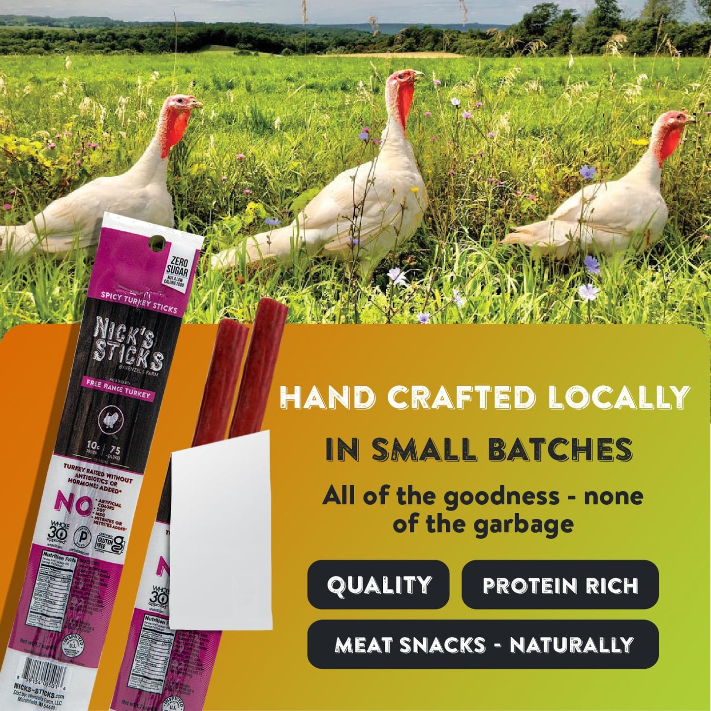 Nick's Sticks Free Range Spicy Turkey Snack Sticks, Clean & Balanced | Made in the USA | Gluten Free | Paleo, Keto, Whole30 Approved | No Soy, Antibiotics or Hormones - 1.7 oz, 2 Sticks per pack - Pack of 25