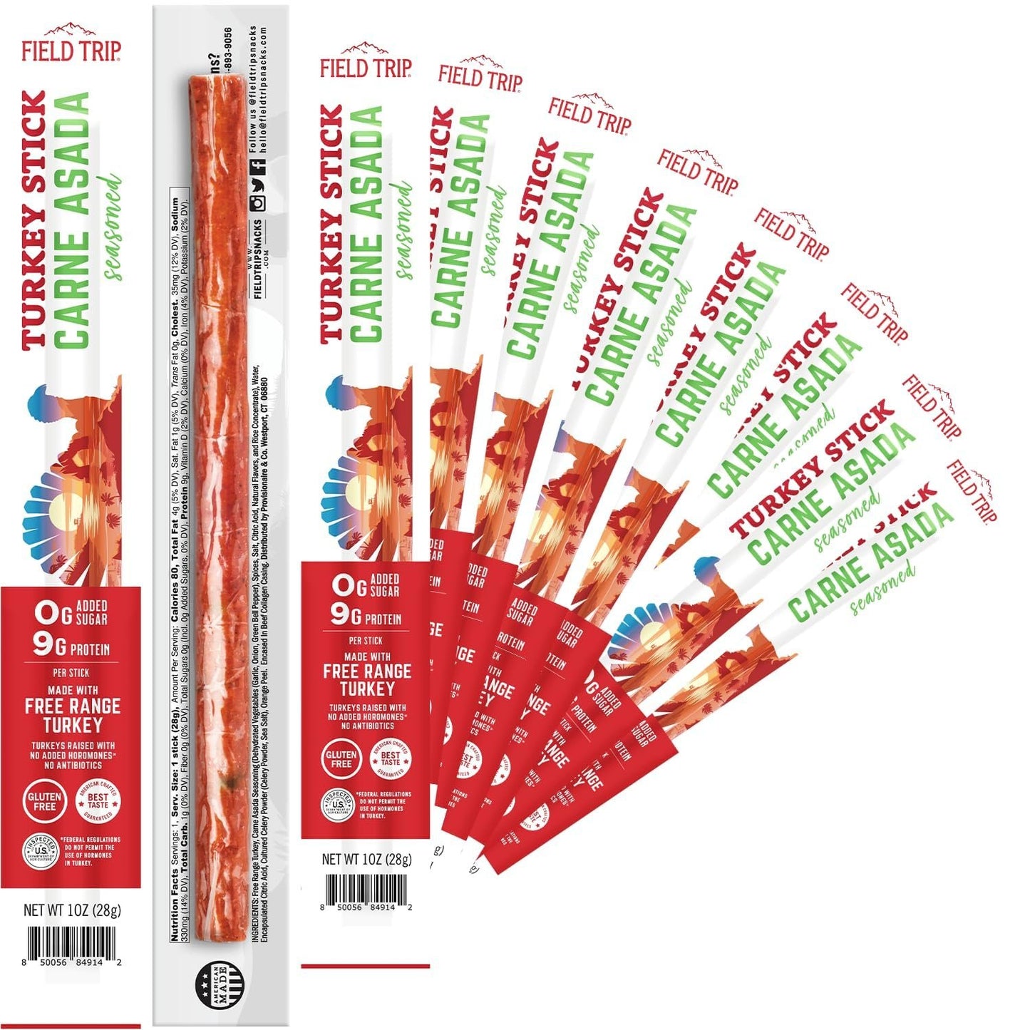 Field Trip Free Range Carne Asada Turkey Jerky Snack Sticks, Zero Sugar, Keto, Paleo, Gluten Free, Allergy Friendly Snack, High Protein, 80 Calorie Snack - 1 oz, Pack of 24