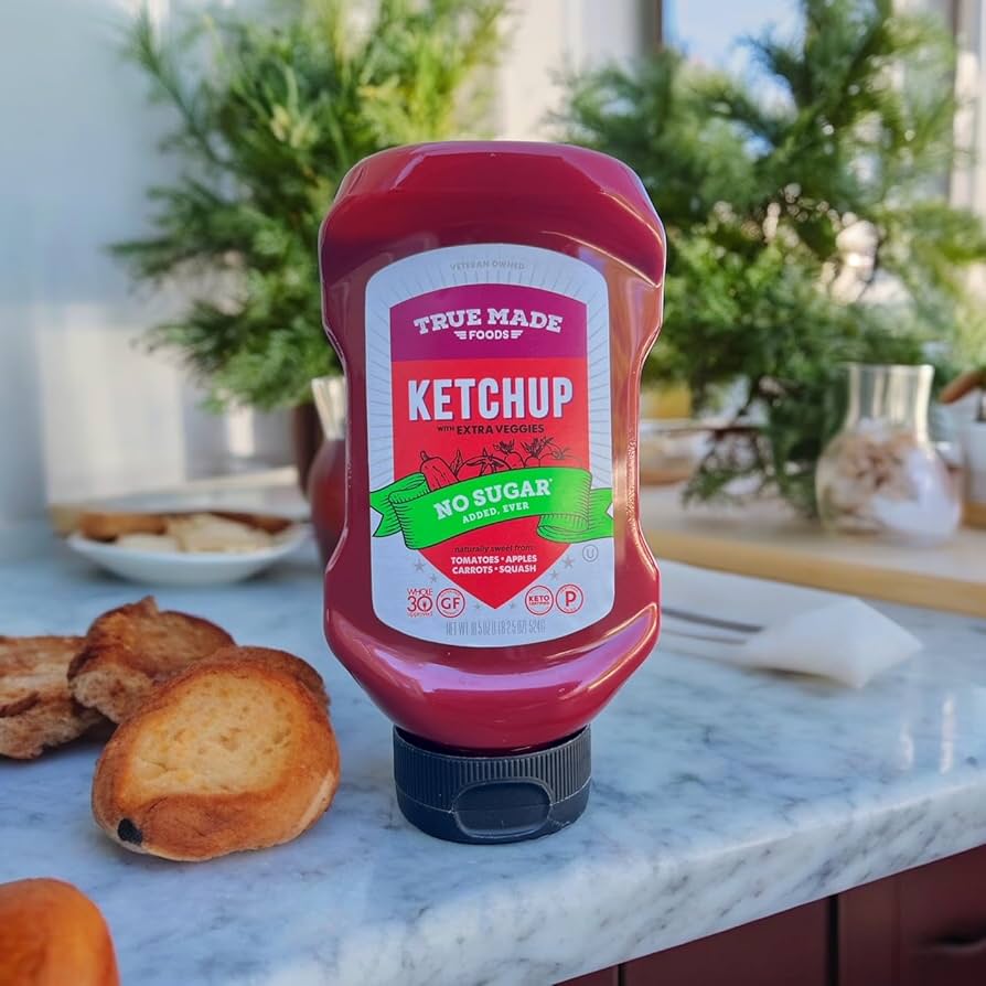True Made Foods - No Sugar Added Ketchup - Condiment Squeeze Bottles Made with Fruit and Veggies for Barbeque Grilling and BBQ Toppings, Healthy Sauce for Cookout, Whole 30, Keto, Vegan, 18.5 oz - Pack of 2