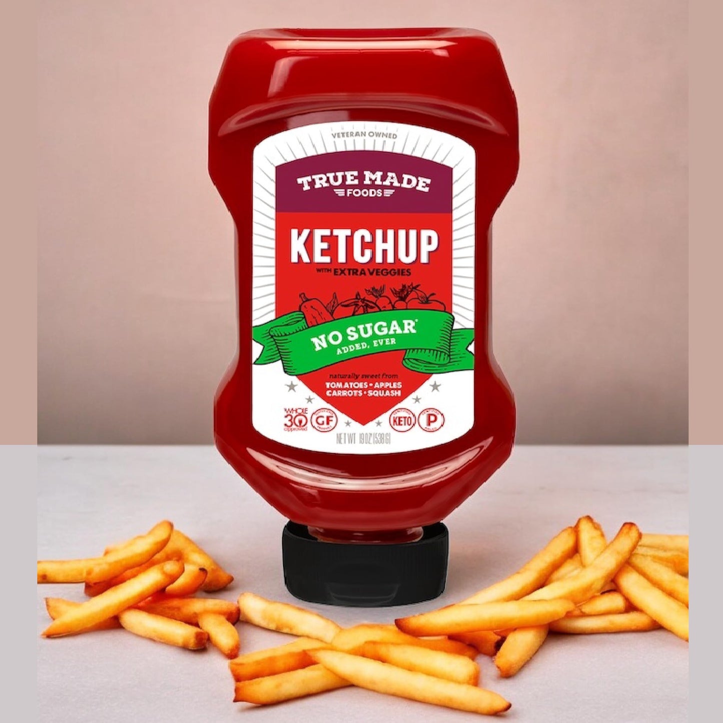 True Made Foods - No Sugar Added Ketchup - Condiment Squeeze Bottles Made with Fruit and Veggies for Barbeque Grilling and BBQ Toppings, Healthy Sauce for Cookout, Whole 30, Keto, Vegan, 18.5 oz - Pack of 2