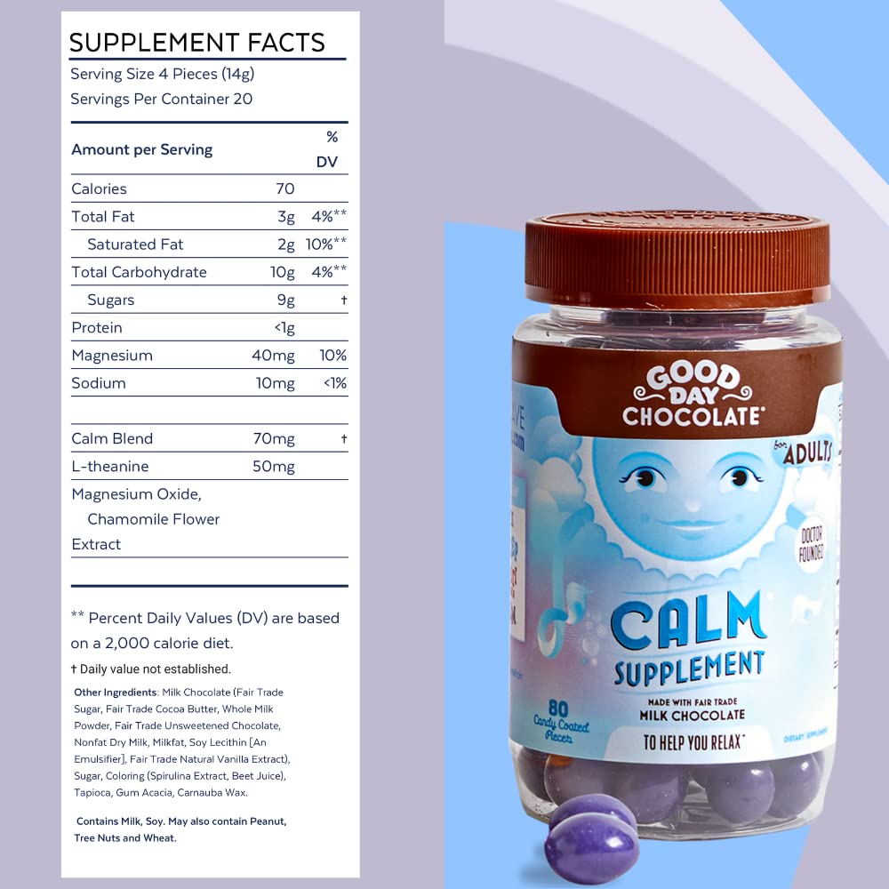Good Day Chocolate Natural Calming Candy Coated Milk Chocolate, Blend of Camomile, Theanine, Magnesium, Fair Trade and Non-GMO Chocolate, 50 Pieces