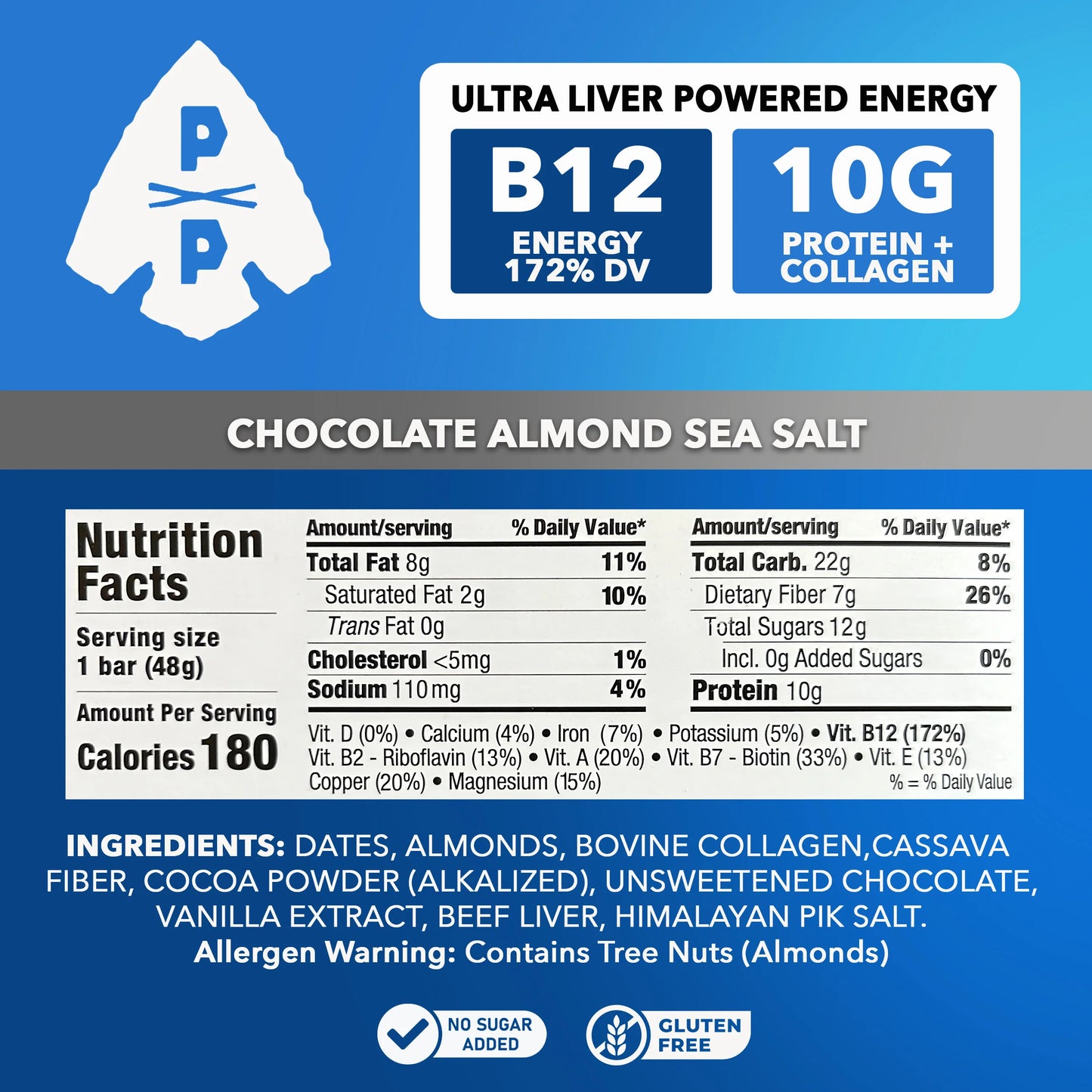 Primal Power Liver Powered Nutrition Bars, Chocolate Almond Sea Salt - B12 Energy Boost, 10g Protein, Vitamins, Minerals, Collagen, Zero Added Sugar, Gluten Free - Pack of 12