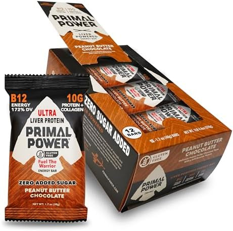 Primal Power Liver Powered Nutrition Bars, Peanut Butter Chocolate - B12 Energy Boost, 10g Protein, Vitamins, Minerals, Collagen, Zero Added Sugar, Gluten Free - Pack of 12