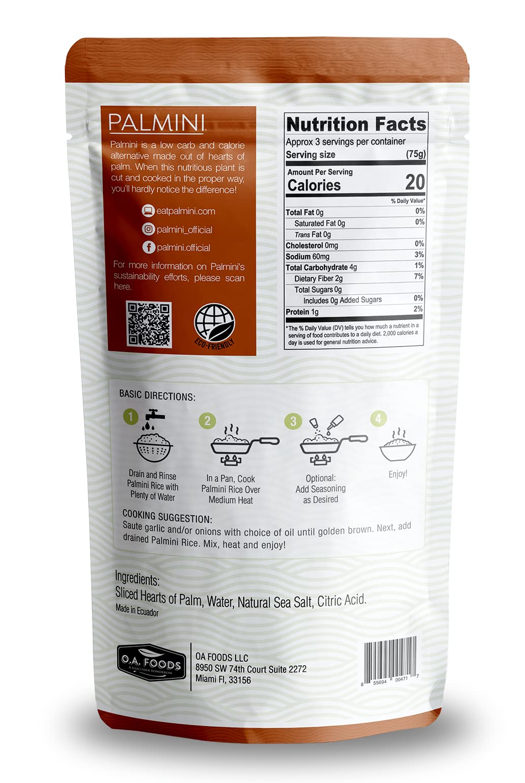 Palmini Low Carb, Low Calorie Hearts of Palm Rice - 8 oz Pouch - Pack of 3