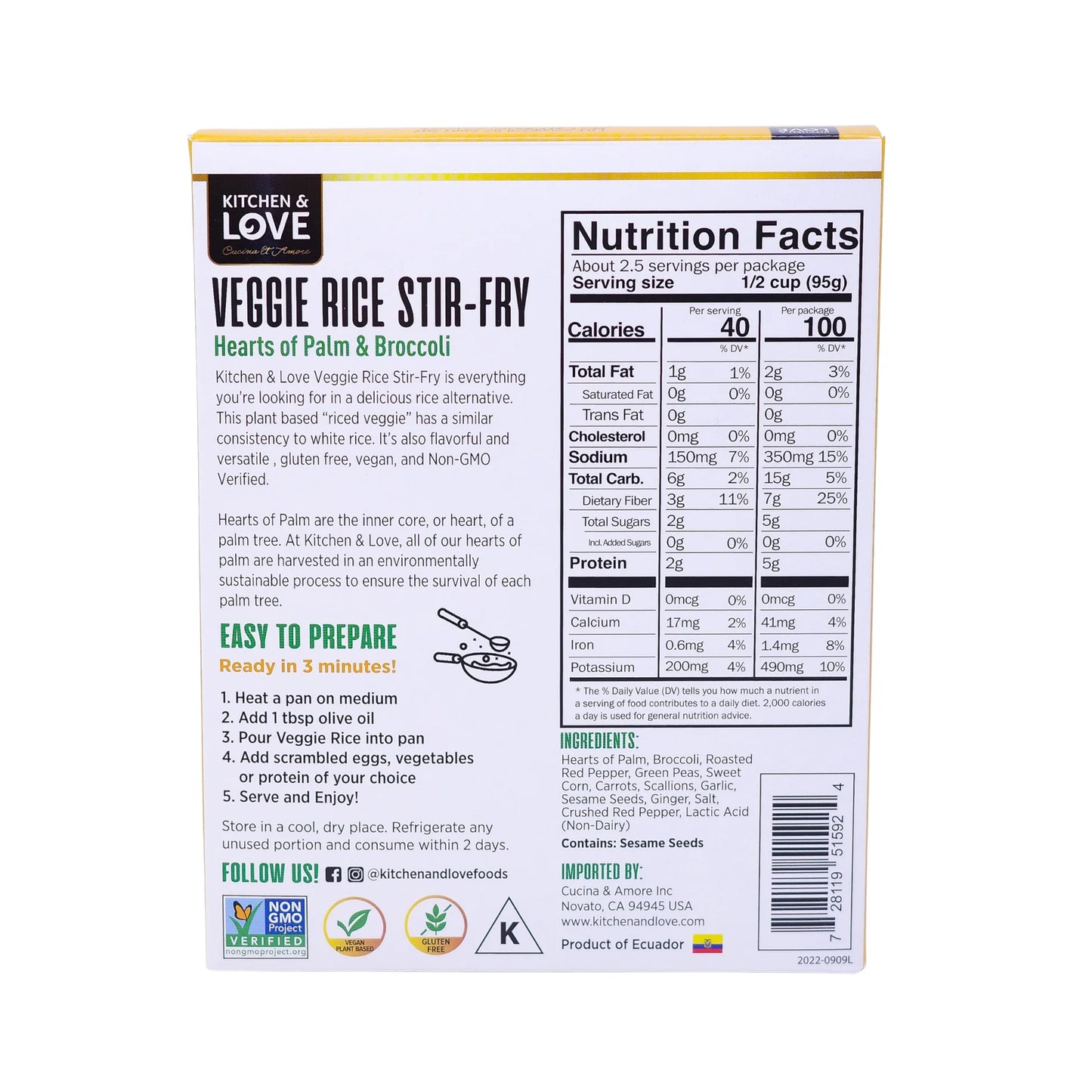 Kitchen & Love Hearts of Palm Veggie Rice Stir Fry - Low Carb, Low Calories - Pack of 3