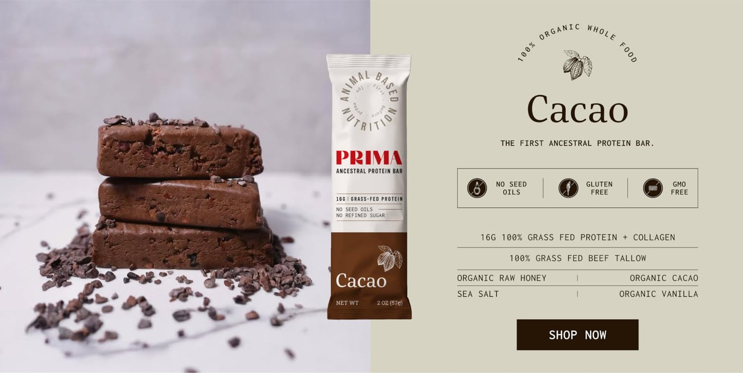 PRIMA ANCESTRAL PROTEIN BAR Grass Fed Protein Bars, Cacao - Seed Oil Free, Gluten Free, Low Carb Snacks - Pack of 7