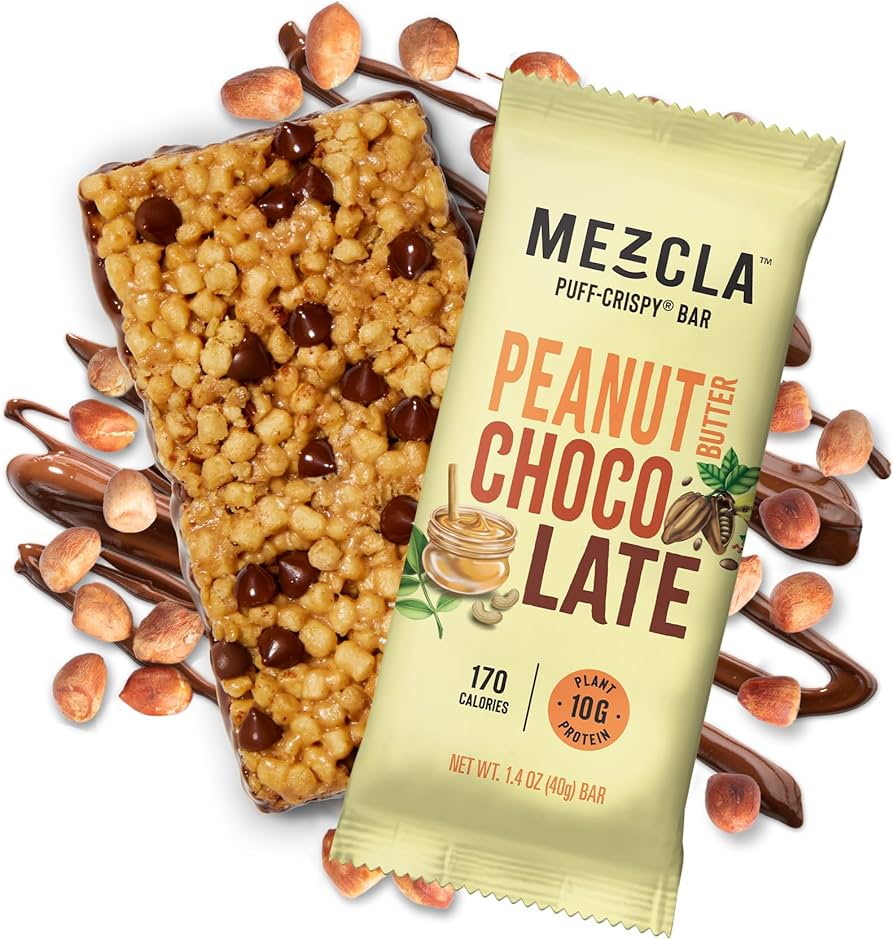 Mezcla Puff Crispy Protein Bars, Peanut Butter Chocolate - Gluten Free & Vegan Protein Bars, 10g Protein, Alt for Crispy Rice Treat, Granola Bars & Breakfast Bars - Pack of 12