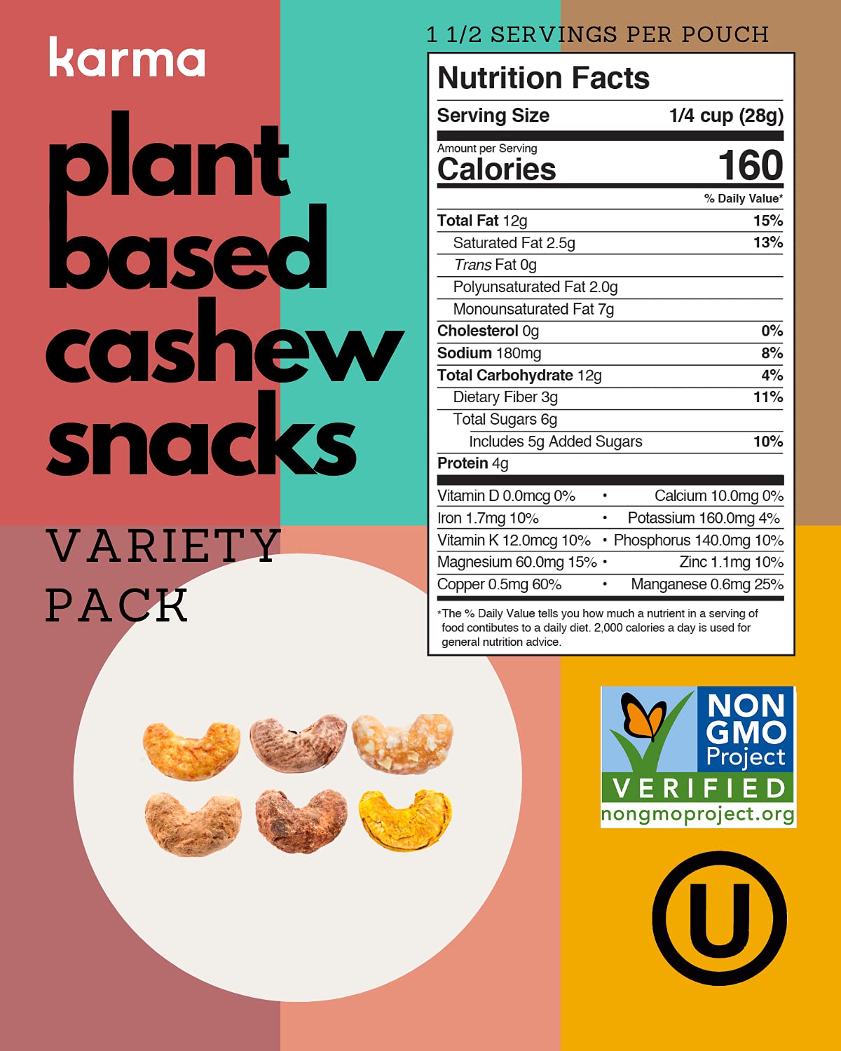 Karma Nuts Variety Pack Cashews - 1.5 oz - Whole, Roasted, Vegan, Non GMO, Gluten Free